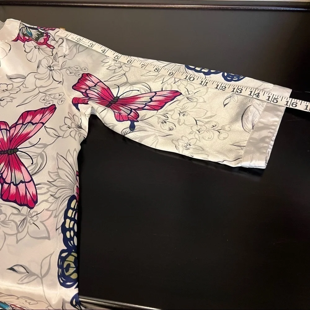 Vintage Morgan Taylor satin Kaftan, house robe butterflies print, 3/4 sleeve